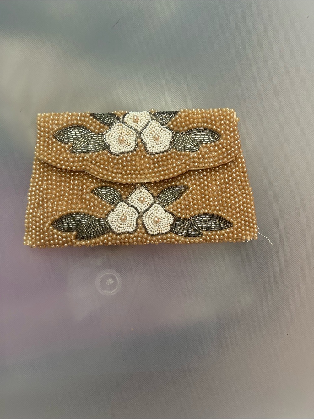 Vintage Beaded Pearl Floral Clutch - Gold